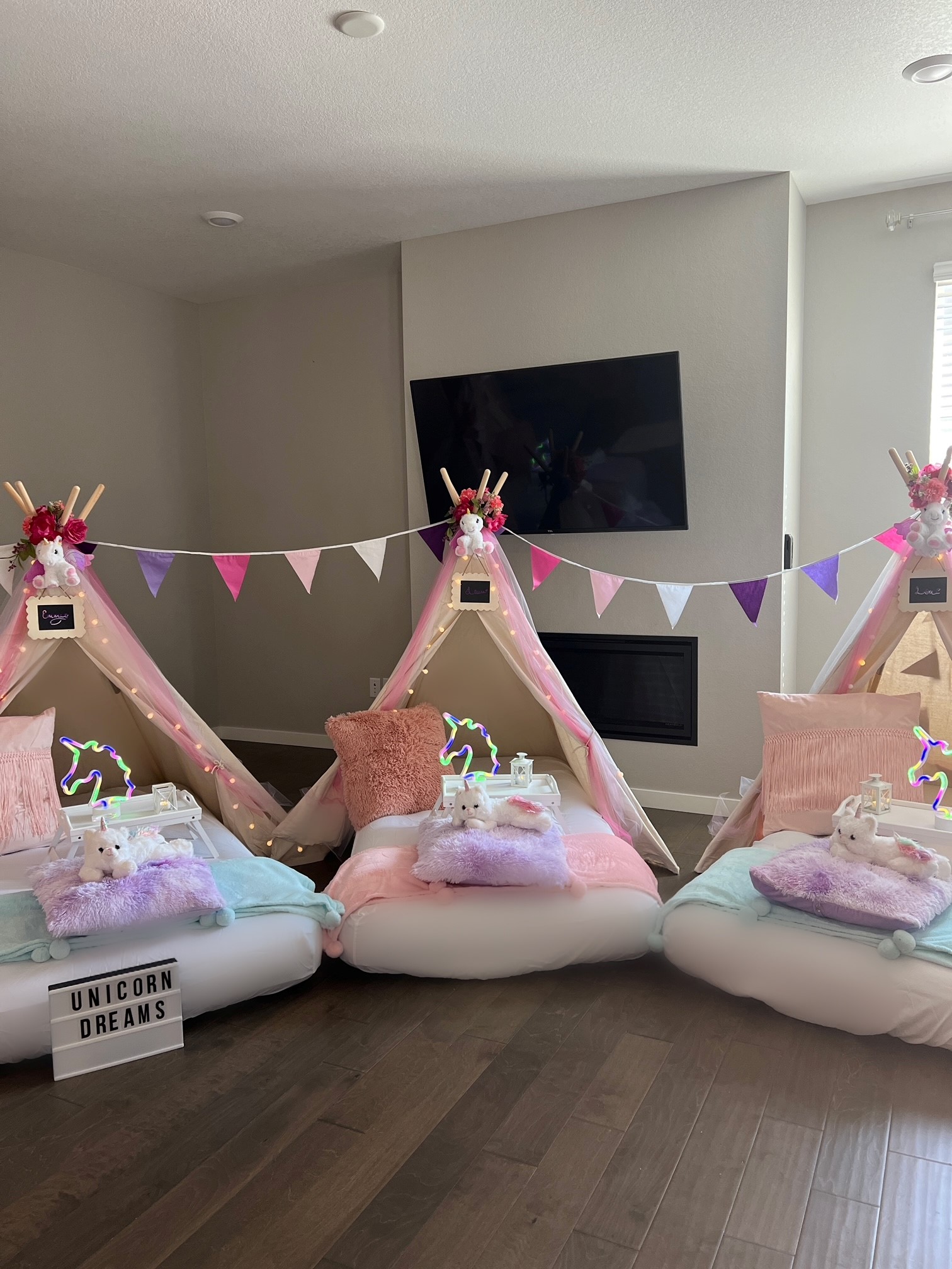 Unicorn themed teepee slumber party