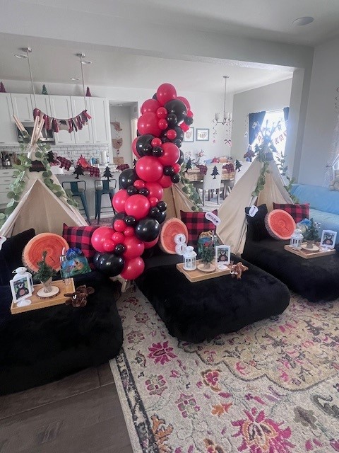 Cabin themed boys teepee party setup