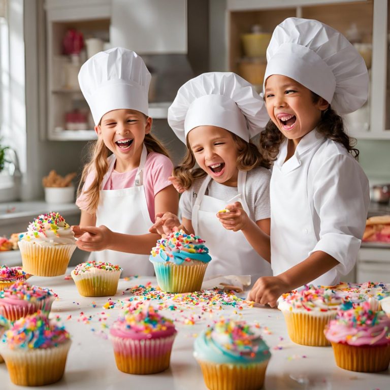 Mini Donut and Cupcake Decorating setup with plain cupcakes, donuts, colorful frosting, sprinkles, toppings, bakers hats, and aprons for Denver kids parties.