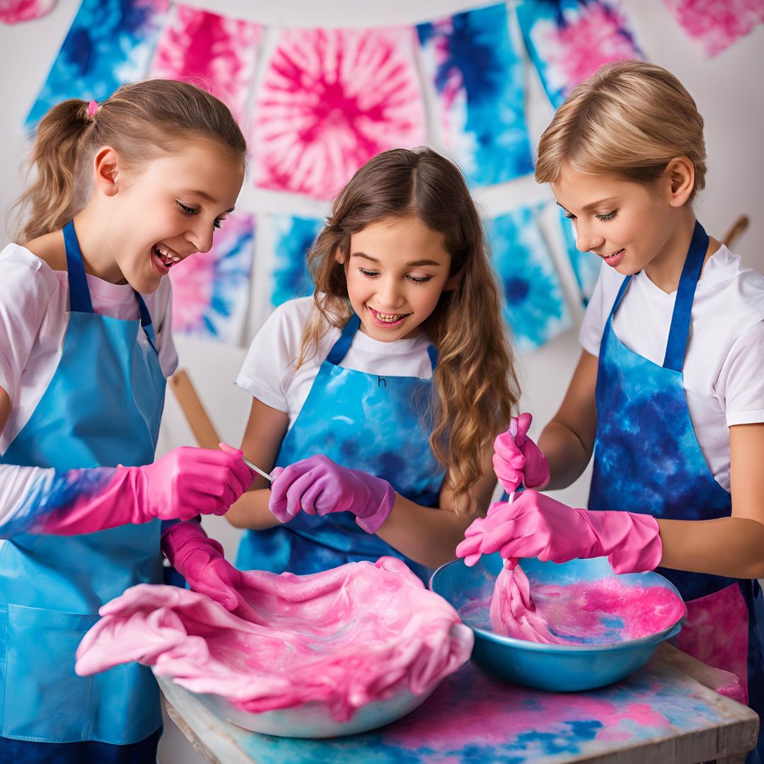 Mini Tie Dye Party setup with colorful dyes, gloves, and T-shirts for kids' parties in Denver.