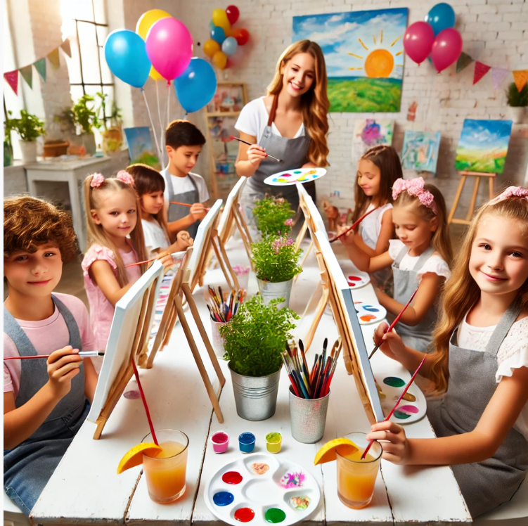 A group of happy children enjoying a hosted Paint & Sip birthday party, painting colorful designs on canvases while sipping non-alcoholic mocktails. The scene is lively with balloons, decorations, and an instructor guiding them through the activity.