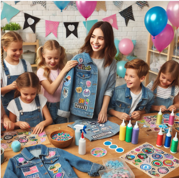 A group of kids enjoying a jean jacket patching party, decorating their denim jackets with colorful patches using fabric glue and iron-on methods. The party setting is lively with balloons, banners, and an instructor guiding them through the creative process