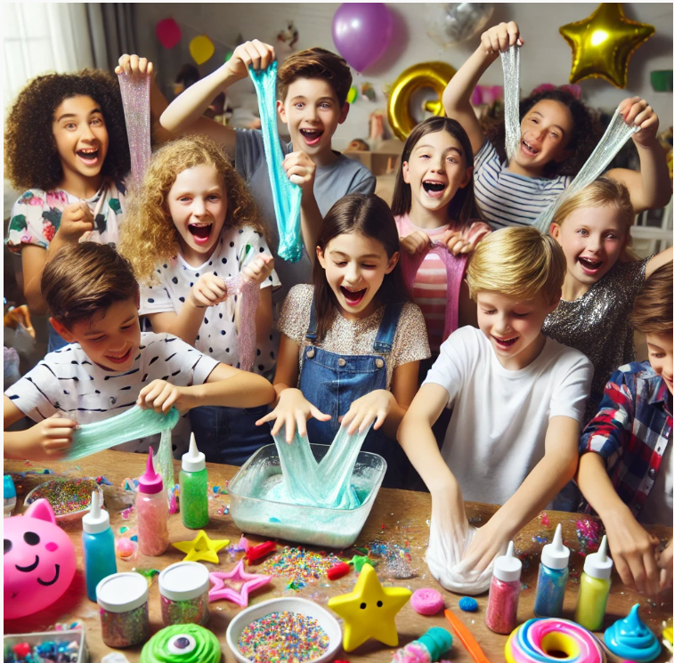 A group of kids, both boys and girls enjoying a fun slime-making party. They are gathered around a table filled with colorful slime ingredients, glitter, and mix-ins, smiling and stretching their custom-made slime creations. The setting is decorated with balloons, streamers, and party decorations, creating a festive and engaging atmosphere.