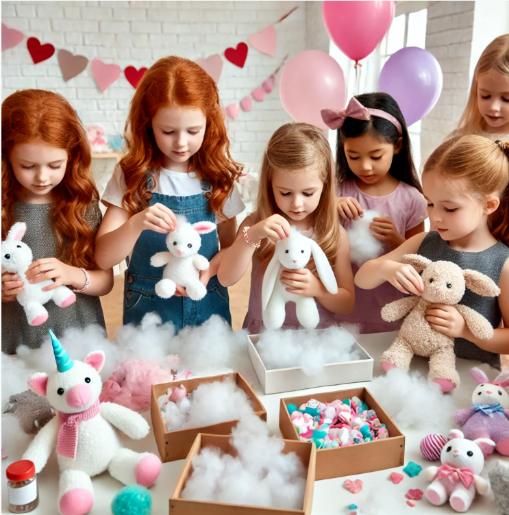 Build-A-Buddy workshop. They are focused on filling their stuffed animals at a decorated crafting table with accessories like bows, outfits, and hearts. The party setting is festive with balloons, streamers, and a fun birthday atmosphere.